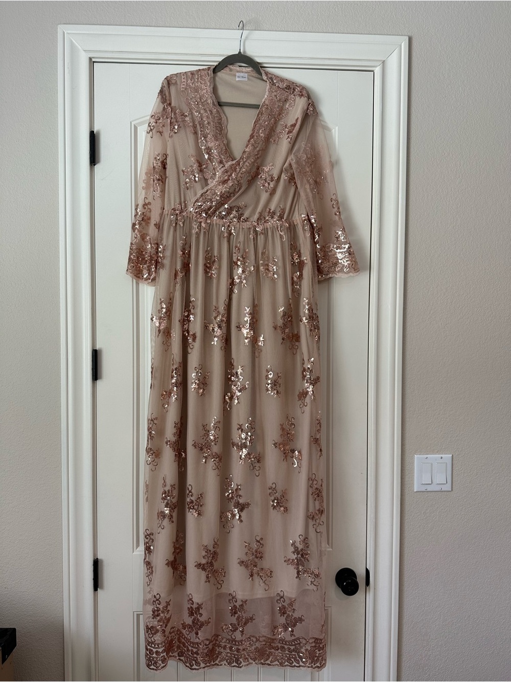 Leah Maria Couture Maternity Sequin Maxi Dress- gold/rose gold